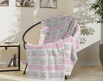 Mahjong Kakelfilt i sammet, Rosa Grön Chinoiserie-filt, Mahjong-present