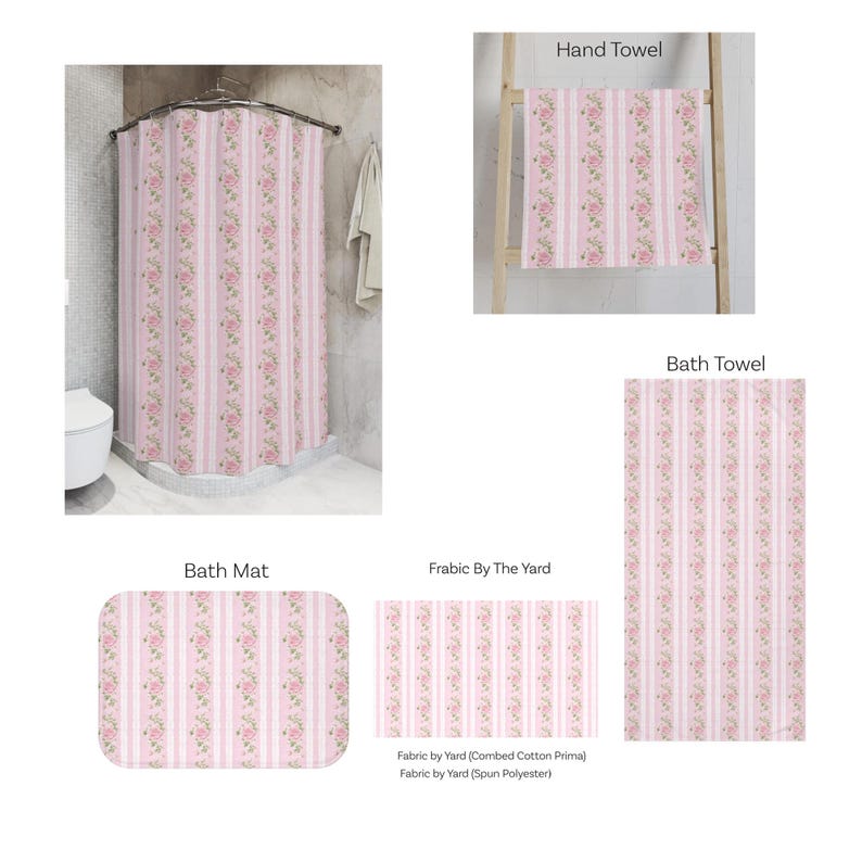 May include: A collection of bathroom textiles and fabric featuring a repeating pattern of vertical pink and white stripes interspersed with vertical rows of pink roses and green leaves. Includes a shower curtain, hand towel, bath towel, and bath mat.