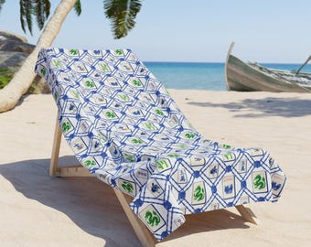 Mahjong Chinoiserie Beach Towel, Summer Pool Towel, Mahj Player Gift