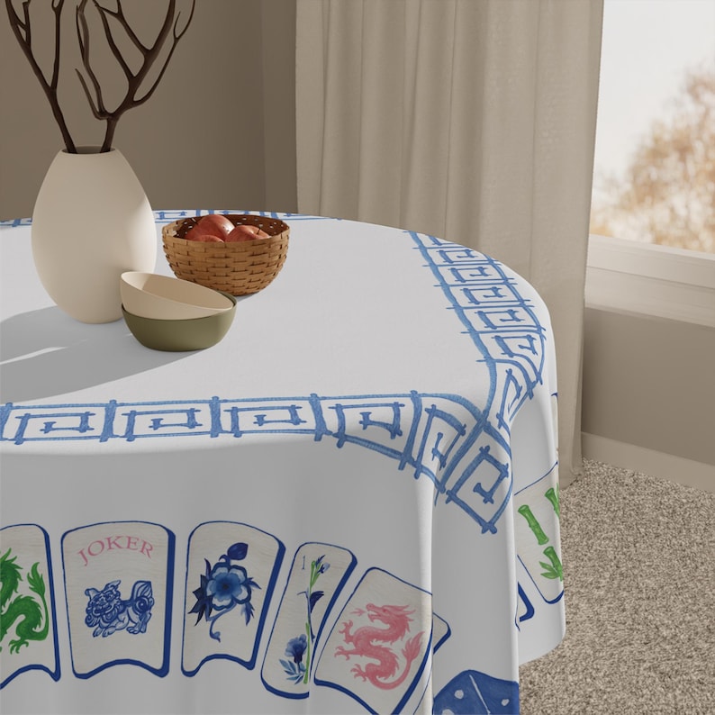 Obrus do gry w mahjonga w stylu chinoiserie, niebieski obrus na stół do gry w mahjonga, akcesoria na imprezę mahjong zdjęcie 3
