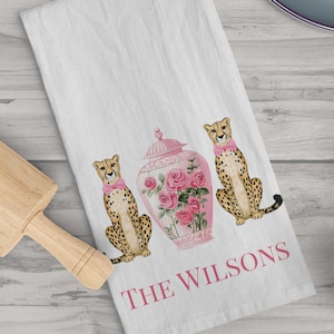 Personalized Chinoiserie, Preppy Pink Ginger Jar and Cheetahs with bows, Tea Towel, Birthday Gift, Wedding, Shower, New Home, Hostess Gift
