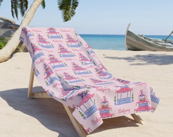 Mahjong Beach Towel, Pink Pagoda Chinoiserie Print, Preppy Grandmillennial Style