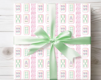Mahjong Wrapping Paper, Chinoiserie Pink Green Tile Design, Gift Wrap