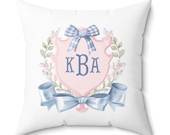 Monogram Crest Pillow: Personalized Pastel Bow Nursery Decor, Grandmillennial Decor