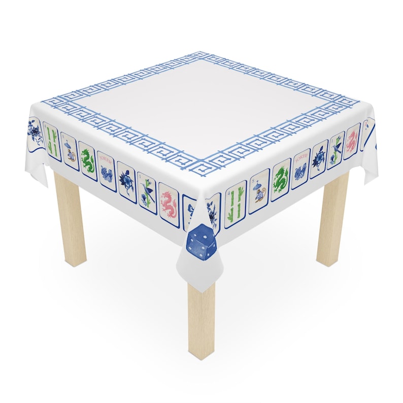 Obrus do gry w mahjonga w stylu chinoiserie, niebieski obrus na stół do gry w mahjonga, akcesoria na imprezę mahjong zdjęcie 4