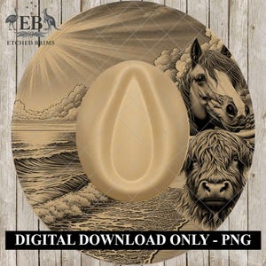 May include: A tan cowboy hat with a detailed sepia-toned graphic of a seascape, horse, and Highland cow. The hat features the text "DIGITAL DOWNLOAD ONLY - PNG". The hat is set against a wooden background.