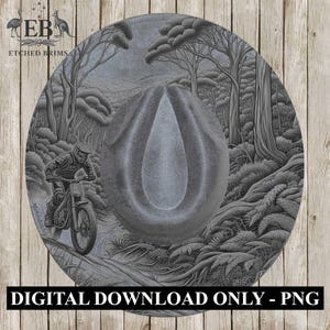 May include: Grey hat with a detailed forest scene and a mountain biker. The hat features the text "ETCHED BRIMS" and "DIGITAL DOWNLOAD ONLY - PNG". The design is a detailed illustration of a mountain biker on a trail.