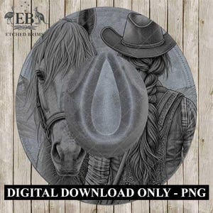 Cowgirl Pferd 1 Hut Brennen Design, Digitaler Download PNG, PDF, Hut Brennen Vorlage, Hut Laser Gravur Design, Druckbare Schablone, EB536
