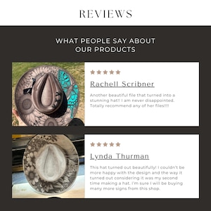 two photos of hats, each with a rating from 5 stars. The hats are described as beautiful and well-designed, with one hat being recommended by a customer and the other hat being recommended by a friend. The hats are shown in a collage format, with the text "REVIEWS" at the top and "WHAT PEOPLE SAY ABOUT OUR PRODUCTS" at the bottom.