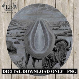 Può includere: Un design circolare grigio con un cappello da cowboy con un paesaggio dettagliato e un'illustrazione di bisonte. Il testo "DIGITAL DOWNLOAD ONLY - PNG" è in basso. L'angolo in alto a sinistra ha il testo "ETCHED BRIMS".