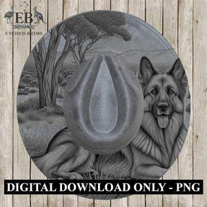 May include: A digitally rendered image of a gray cowboy hat with a detailed illustration of a German Shepherd dog and Australian landscape. The hat is centered, with the dog and scenery surrounding it. The text "DIGITAL DOWNLOAD ONLY - PNG" is at the bottom.