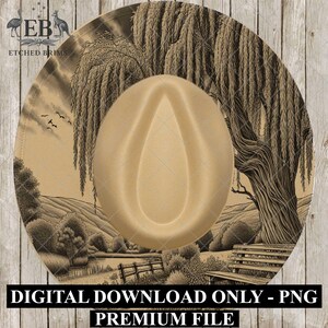 May include: A tan cowboy hat with a landscape design. The hat features a detailed illustration of a weeping willow tree, a bench, and a fence. The text "DIGITAL DOWNLOAD ONLY - PNG PREMIUM FILE" is at the bottom.
