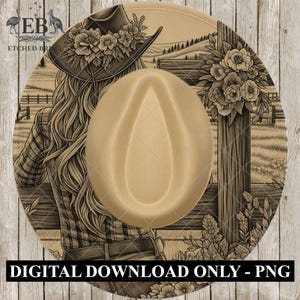 May include: A beige cowboy hat with a detailed floral design and a sepia-toned illustration of a person in a plaid shirt, looking at a rural landscape. The image includes the text "DIGITAL DOWNLOAD ONLY - PNG".