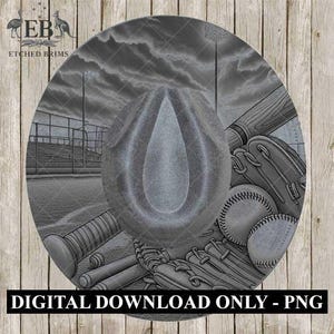 May include: A grayscale baseball-themed digital download design. The image features a baseball, bats, gloves, and a baseball field. The text "DIGITAL DOWNLOAD ONLY - PNG" is at the bottom. The design is circular and set against a wooden background.