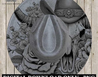 Diseño de sombrero grabado con láser de calavera de cuernos largos n.° 2, descarga digital PNG, plantilla para quemar sombreros, diseño de sombrero grabado con láser, archivo para sombrero de ala ancha, EB55
