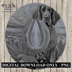 May include: A gray cowboy hat with a detailed illustration of a dog, pheasant, and landscape. The hat is centered on a circular design with the text "DIGITAL DOWNLOAD ONLY - PNG". The background is a wooden texture.