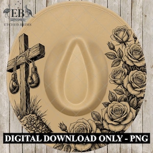 Puede incluir: Sombrero vaquero beige con un diseño de cruz y guantes de boxeo. El sombrero presenta un diseño floral de rosas en el lateral. El texto "DIGITAL DOWNLOAD ONLY - PNG" está en la parte inferior. El sombrero tiene un estilo western clásico.