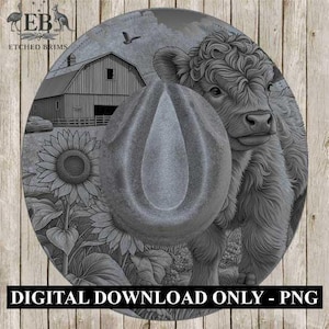 May include: A grayscale digital download image featuring a cowboy hat, a cow, a barn, and sunflowers. The image has the text "DIGITAL DOWNLOAD ONLY - PNG" at the bottom. The image is set against a wooden background.