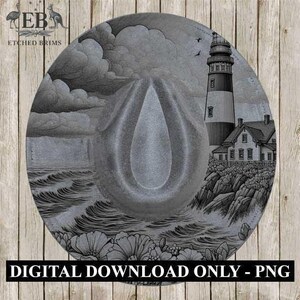 May include: A digitally designed, grayscale cowboy hat with a coastal scene. The hat features a lighthouse, ocean waves, and floral elements. The text "DIGITAL DOWNLOAD ONLY - PNG" is at the bottom.