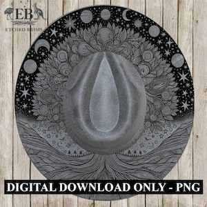 May include: A gray cowboy hat with an intricate etched design. The hat is centered on a circular background featuring a tree of life, stars, moons, and celestial patterns. The text "DIGITAL DOWNLOAD ONLY - PNG" is at the bottom.