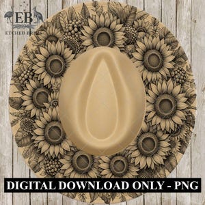 May include: A tan-colored fedora hat with a detailed sunflower design. The brim of the hat is covered in a pattern of sunflowers, leaves, and other floral elements. The text "DIGITAL DOWNLOAD ONLY - PNG" is at the bottom.