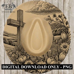 May include: Tan cowboy hat with a detailed illustration of a cross, rolling hills, flowers, and clouds. The hat features the text "DIGITAL DOWNLOAD ONLY - PNG". The brim is decorated with a floral and landscape design.
