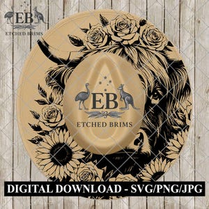 May include: Tan fedora hat with a black floral and Highland cow design. The hat features the text "ETCHED BRIMS" and "DIGITAL DOWNLOAD - SVG/PNG/JPG". The hat has a wide brim and a center crease.