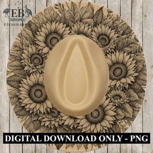 May include: A tan fedora hat with a detailed sunflower design on the brim. The hat features a classic teardrop crown and a wide brim, with the text "DIGITAL DOWNLOAD ONLY - PNG" at the bottom.