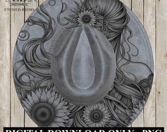 Diseño de sombrero quemado con tres girasoles y niña (PDF y PDF digital) para quemar a mano, sombrero de ala ancha, plantilla imprimible, EB622