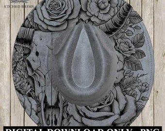 Plantilla PNG de calavera de cuernos largos n.° 1 con ala occidental, diseño digital de quemado láser para sombreros de ala ancha de gamuza sintética - Archivo de quemado láser EB62