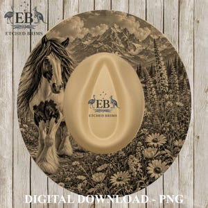 May include: A tan hat featuring a sepia-toned graphic of a horse standing in a field of wildflowers with mountains in the background. The center of the hat displays the text EB ETCHED BRIMS with an emu and kangaroo logo above the text.