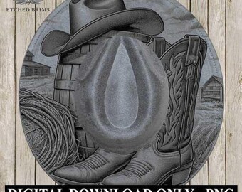 Incisione di cappelli con stivali da cowboy 3, modello PNG con tesa western, cappello in finta pelle scamosciata con tesa larga con design laser digitale, boho, file di masterizzazione di cappelli laser EB137