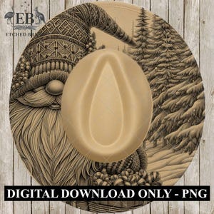 May include: A beige fedora hat with a detailed illustration of a gnome wearing a patterned hat and holding a basket of candy. The background features a snowy forest scene. The text "DIGITAL DOWNLOAD ONLY - PNG" is at the bottom.