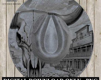 Cráneo de cuernos largos Western 1, plantilla PNG de ala occidental, diseño de quemado láser digital para sombreros de ala ancha de gamuza sintética, archivo de quemado láser para sombreros EB196