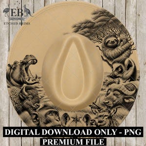 May include: Tan fedora hat with a detailed black and white illustration of African animals, including a hippo, buffalo, and sloth. The hat has the text "ETCHED BRIMS" and "DIGITAL DOWNLOAD ONLY - PNG PREMIUM FILE".