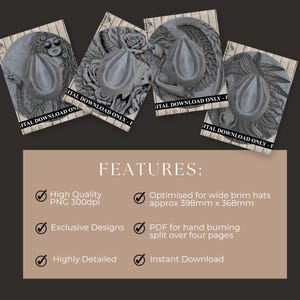 four different images, each with a unique design and size. The images are described as having high quality, exclusive designs, and being highly detailed. The text indicates that these features are optimised for wide brim hats, have a PDF for hand burning, and are split over four pages. The image is a collage of four separate images, and it is described as having a high level of detail and being highly detailed.