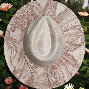 Your Choice of Engraved Hat from Any of My Designs. Engraved Wide Brim Hat, Vegan Suede Fedora Hat, Laser Engraved, Burned Fedora.