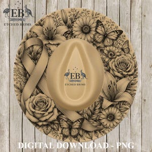 May include: A tan hat featuring a black line art design of flowers, butterflies, and a ribbon. The center of the hat displays the text EB ETCHED BRIMS with an emu and kangaroo logo. The design covers the brim and crown in a detailed botanical style.