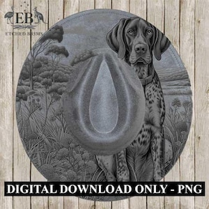 Puede incluir: Imagen de descarga digital de un sombrero de vaquero gris con una ilustración detallada de un perro y un paisaje. El sombrero está centrado, con el texto "DIGITAL DOWNLOAD ONLY - PNG" en la parte inferior.