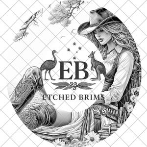 May include: Black and white illustration featuring a woman in a cowboy hat, surrounded by Australian flora and fauna. The image includes an emu, a kangaroo, and the text "ETCHED BRIMS". The design is circular.