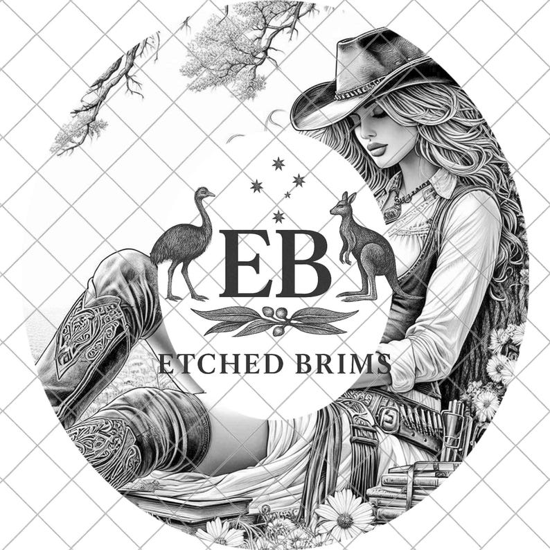 May include: Black and white illustration featuring a woman in a cowboy hat, surrounded by Australian flora and fauna. The image includes an emu, a kangaroo, and the text "ETCHED BRIMS". The design is circular.