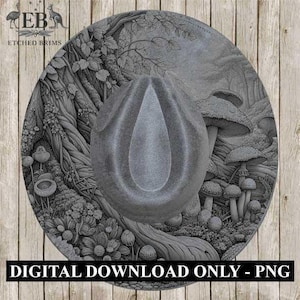May include: A grey, round hat with a detailed forest scene etched into the brim. The hat has a teardrop-shaped crown. The image includes the text "DIGITAL DOWNLOAD ONLY - PNG".