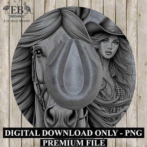 Cowgirl Horse 6, Design de chapéu a laser, Download digital PNG, Modelo de chapéu a laser, Design de gravação a laser para chapéu, Arquivo para chapéu de aba larga EB226