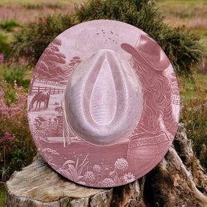 Cowgirl Dreams - Country Engraved Wide Brim Hat, Vegan Suede Fedora Hat, Laser Engraved, Cowboy Hat, Burned Fedora, Cowgirl Design