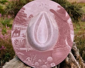 Cowgirl Dreams - Country Engraved Wide Brim Hat, Vegan Suede Fedora Hat, Laser Engraved, Cowboy Hat, Burned Fedora, Cowgirl Design