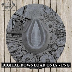 Hat Burning Design, Windmill & Wildflowers, PNG, PDF, Hat Burning Template, Cowgirl Hat, Laser Engraving, Wide Brim Hat Design, EB369