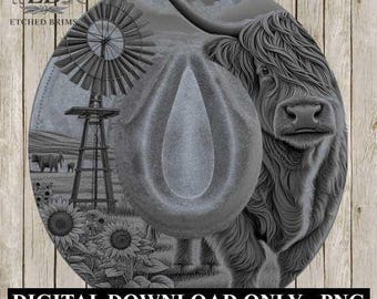 Highland Cow & Windmill Hat Design 5, Rustic Farmhouse Sunflower Brim Template, Western Laser Engraving Digital Download Hat File, EB376
