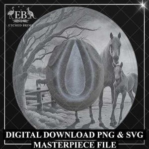 Chapéu de aba larga com design de cavalo e potro, design de chapéu com laser, download digital em PNG e SVG, modelo de chapéu com fogo, país, chapéu de cowgirl, EBM04