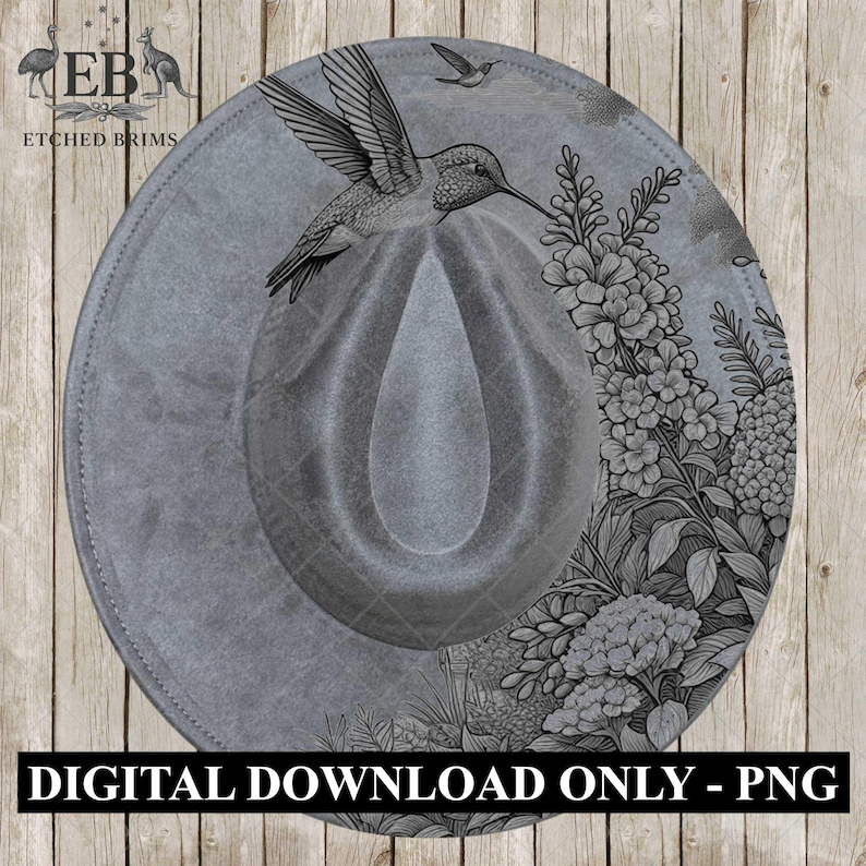 Brinnande kolibri med halv hatt, mall för hattgravering, laserhattdesign, hatt med bred brätte, stencil för brinnande hatt SVG och PNG, EB602 bild 1