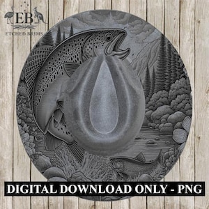 Pode incluir: Um chapéu cinzento com um design detalhado de peixe e paisagem montanhosa. O chapéu apresenta uma coroa central em forma de gota. O texto "DIGITAL DOWNLOAD ONLY - PNG" está na parte inferior. O chapéu está sobre um fundo de madeira.